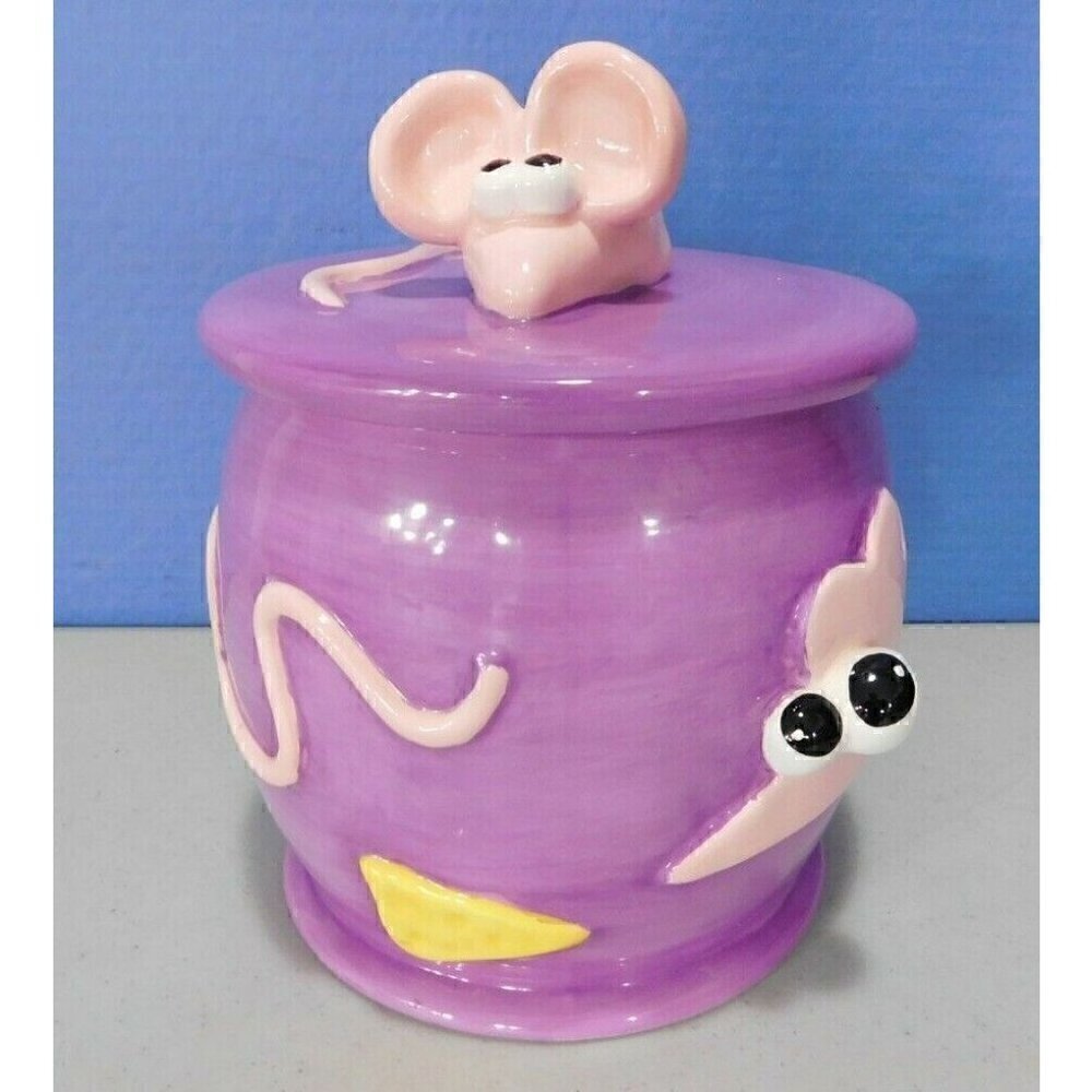 DEBBY CARMAN PINK & PURPLE COOKIE, TREAT JAR WITH LID, MOUSE AND CHEESE, 8" TALL
